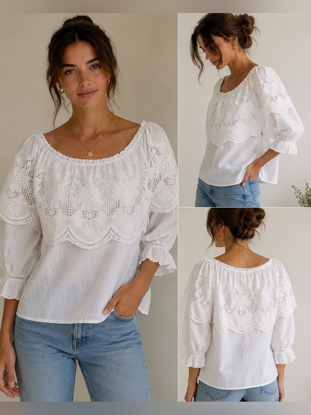 Ellison White Cotton Eyelet Lace Peasant Top - Women